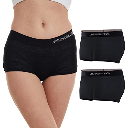 MERINNOVATION Merino Unterwäsche Damen 2er Pack 100% Merinowolle Boxershorts Damen Sportunterwäsche Hipster Panties Atmungsaktive Black S von MERINNOVATION