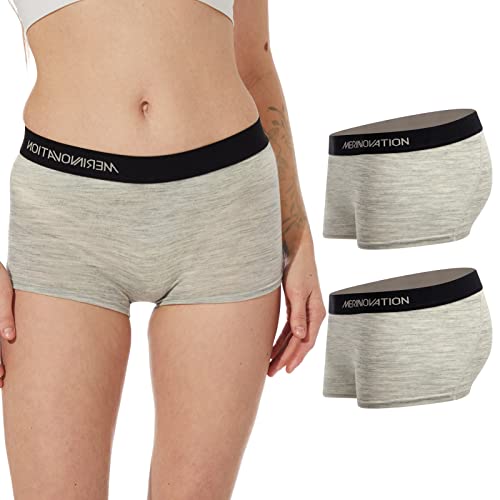 MERINNOVATION Merino Unterwäsche Damen 2er Pack 100% Merinowolle Boxershorts Damen Sportunterwäsche Hipster Panties Atmungsaktive Grey L von MERINNOVATION