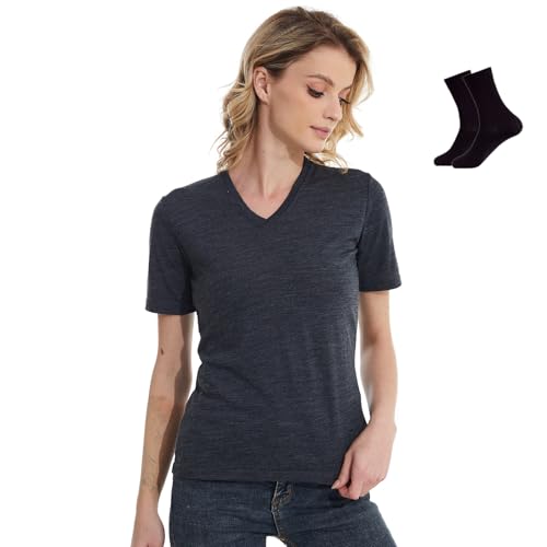 MERINNOVATION Merinowolle T-Shirt Damen Wandern und Outdoor Atmungsaktiv und Geruchsneutral Merino Unterwäsche Base Layer + Merinowolle Socks von MERINNOVATION