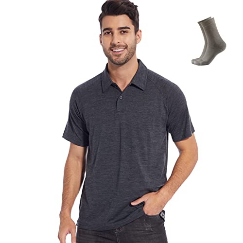 MERINNOVATION Poloshirt für Herren, 100 % Merinowolle, ultraleicht, atmungsaktiv, geruchshemmend (Socken aus Merinowolle im Lieferumfang enthalten), Dunkelgrau, Mittel von MERINNOVATION