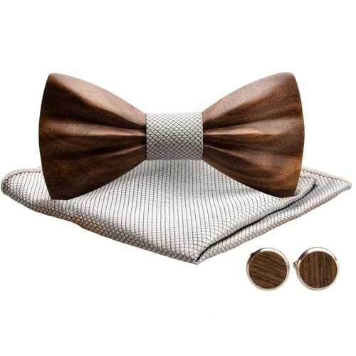 MERIT OCEAN Holzfliege, 3d Holz Fliege Schwarze Walnuss Herren Massivholz Manschettenknöpfe Einstecktuch Set Bräutigam Trauzeuge Hochzeitsgeschenk mit Box für Männer Silber von MERIT OCEAN