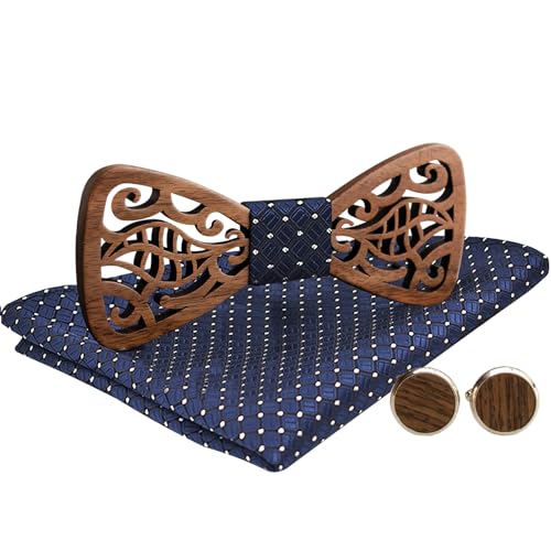 MERIT OCEAN Holzfliege Holz Fliege Herren Hohles Schwarze Walnuss Manschettenknöpfe Plaids Einstecktuch Set mit Box Bräutigam Trauzeuge Geschenk für Hochzeiten,Abschlussball,Partei Blau von MERIT OCEAN