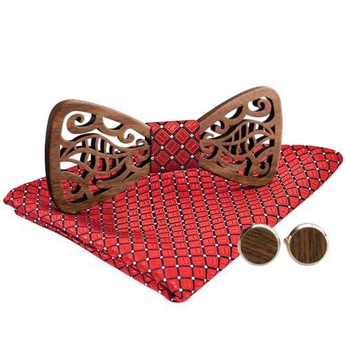 MERIT OCEAN Holzfliege Holz Fliege Hohles Schwarze Walnuss Herren Manschettenknöpfe Plaids Einstecktuch Set mit Box Bräutigam Trauzeuge Geschenk für Hochzeiten,Abschlussball,Partei Rot von MERIT OCEAN