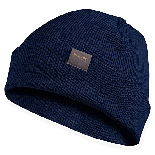 MERIWOOL Beanie für Damen und Herren – Merinowolle Mischgewebe Rippstrick Wintermütze, denim-blau, Einheitsgröße von MERIWOOL