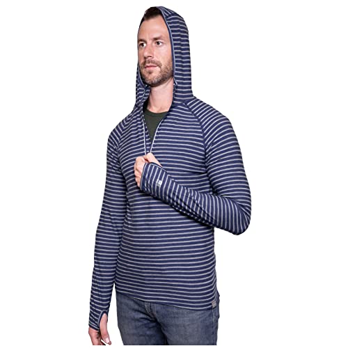 MERIWOOL Herren Base Layer Hoodie Leichte Merinowolle Langarm Thermo, Blaue Meeresstreifen, Mittel von MERIWOOL