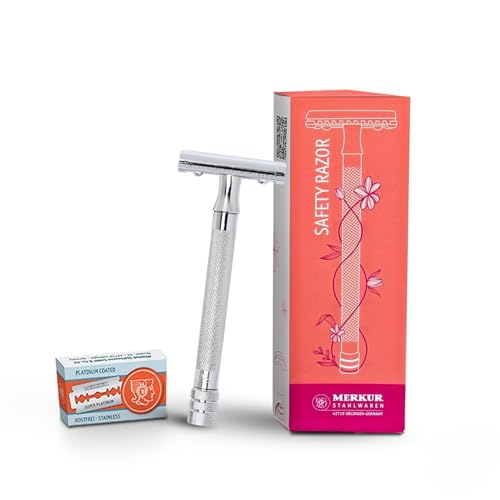 MERKUR 24C Rasierhobel für Damen mit 10 zweischneidigen Klingen | extra langer Griff | Dreiteiliger Rasierer | gerader Schnitt | helles Chrom-Finish | Made in Germany von MERKUR