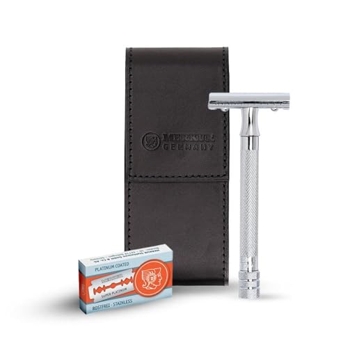 MERKUR 5005 Reise-Rasierset mit MERKUR 23C dreiteiligem Rasierhobel mit langem Griff und hellem Chrom-Finish, 10 Doppelklingen und schwarzem Lederetui, hergestellt in Deutschland von MERKUR