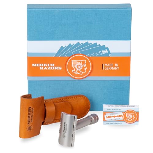 MERKUR Edelstahl Rasierhobel Set 34 INOX | Sonderedition 1896 | inkl premium Rasierhobel, Lederetui und 10x Platinum Klinge | Seidenmatt | Geschlossener Kamm | Ideal für Nassrasur | Made in Germany von MERKUR