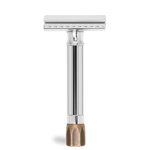 MERKUR Einstellbarer Rasierhobel 500C - Antik | Glanzchrom/Messing | Zweiteiliger Premium Rasierer mit geradem Schnitt | Ideal für Nassrasur | Zinkdruckguss | Messing Griffstück | Made in Germany von MERKUR