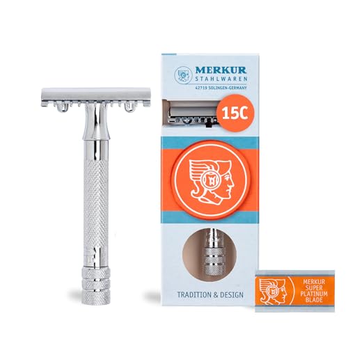MERKUR Rasierhobel 15C | Klassiker mit Zahnkamm Glanzchrom | Dreiteiliger Rasierer mit geradem Schnitt | Offener Kamm | Ideal für Nassrasur | Zinkdruckguss | Messing Griffstück | Made in Germany von MERKUR