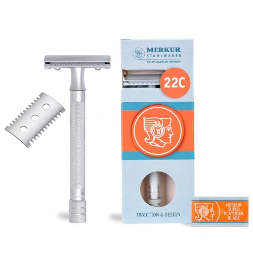 MERKUR Rasierhobel 22C | Premium-Set mit offenem & geschlossenem Kamm | Mattchrom Satiniert | Dreiteiliger Rasierer mit geradem Schnitt | Ideal für Nassrasur | Zinkdruckguss | Made in Germany von MERKUR