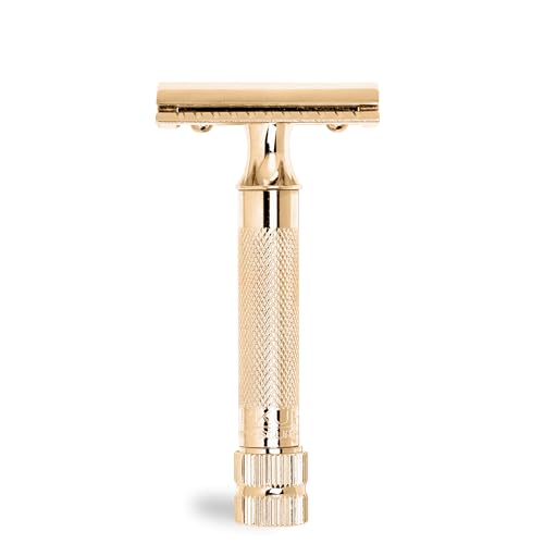 MERKUR Rasierhobel 34G | Kompaktgriff Glanzgold | Dreiteiliger Rasierer mit geradem Schnitt | Geschlossener Kamm | Ideal für Nassrasur | Zinkdruckguss | Messing Griffstück | Made in Germany von MERKUR