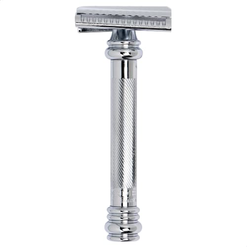 MERKUR Rasierhobel 39C | Barber Pole Schrägschnitt Glanzchrom | Zweiteiliger Rasierer mit schrägem Schnitt | Geschlossener Kamm | Ideal für Nassrasur | Messing Griffstück | Made in Germany von MERKUR