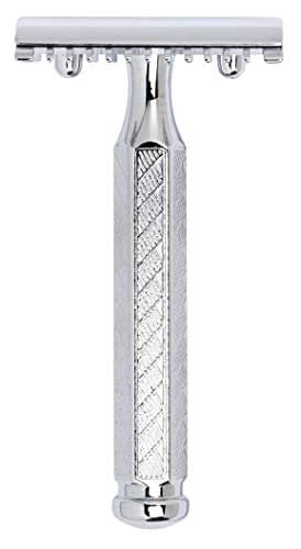 MERKUR Rasierhobel 41C | Hexagonalgriff Glanzchrom | Dreiteiliger Rasierer mit geradem Schnitt | Offener Kamm | Ideal für Nassrasur | Zinkdruckguss | Made in Germany von MERKUR