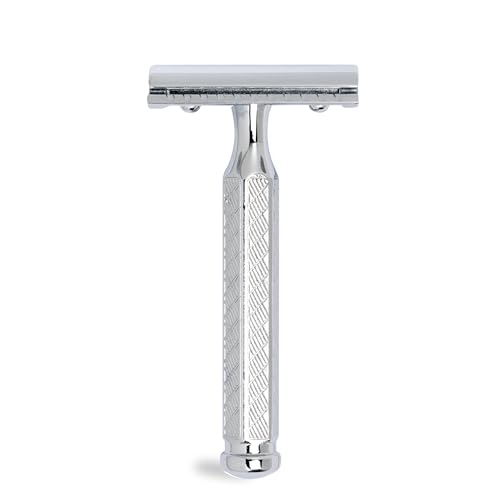 MERKUR Rasierhobel 42C | Klassiker mit Hexagonalgriff Glanzchrom | Dreiteiliger Rasierer mit geradem Schnitt | Geschlossener Kamm | Ideal für Nassrasur | Messing Griffstück | Made in Germany von MERKUR