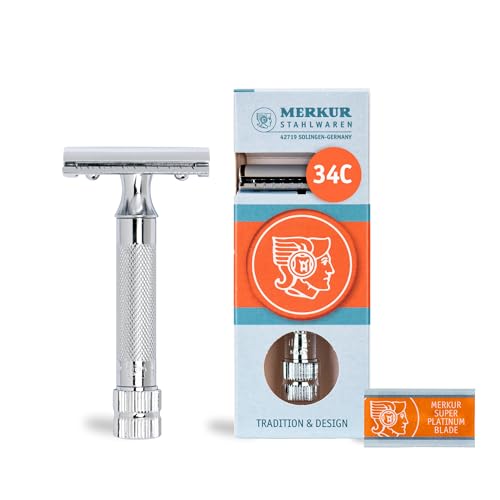 MERKUR Rasierhobel 34C | Kompaktgriff Glanzchrom | Zweiteiliger Rasierer mit geradem Schnitt | Geschlossener Kamm | Ideal für Nassrasur | Zinkdruckguss | Messing Griffstück | Made in Germany von MERKUR