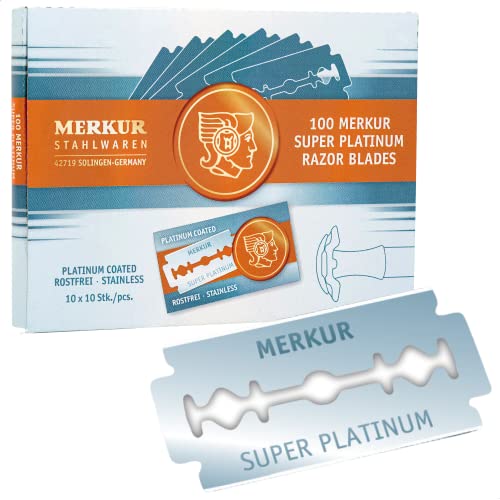 MERKUR Rasierklinge Edelstahl Super Platinum Silber 910 (100 Stück) | Klassische doppelseitige Rasierklinge mit Platin beschichtet | Ideal für Nassrasur | Rostfreier Edelstahl | Made in Germany von MERKUR