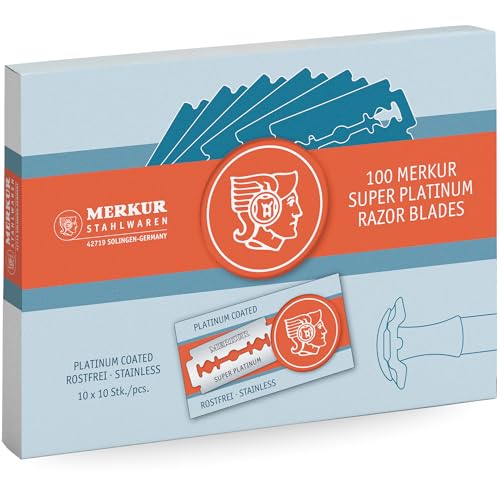 MERKUR Rasierklingen Edelstahl Super Platinum Silber 910 (100 Stück) | Klassische doppelseitige Rasierklinge mit Platin beschichtet | Ideal für Nassrasur mit dem Rasierhobel | Rostfreier Edelstahl von MERKUR