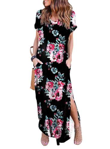 Damen V-Ausschnitt Casual Lose Langes Kleid Kurzarm Split Maxi Sommer Strandkleid mit Taschen, Schwarz Rosa Blume, Mittel von MERMAID'S CLOSET