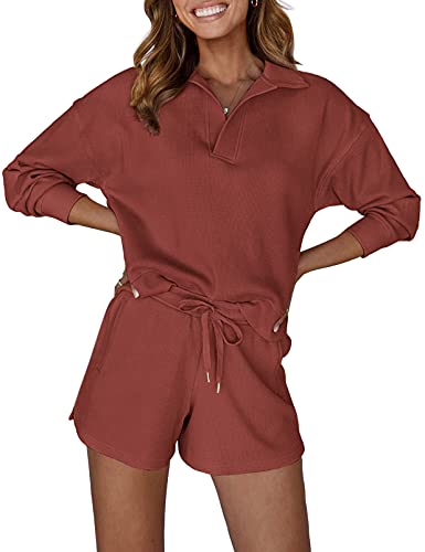 MEROKEETY Damen 2 Stück Waffelstrick Lounge Sets Langarm Shorts Outfits Pjs mit Taschen, Ziegelstein, L von MEROKEETY