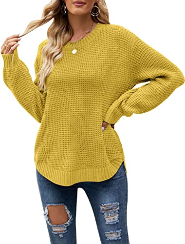 MEROKEETY Damen 2023 Casual Fall Waffel Strick Pullover Lange Ballonärmel Lose Pullover Pullover, Senf, XX-Large von MEROKEETY