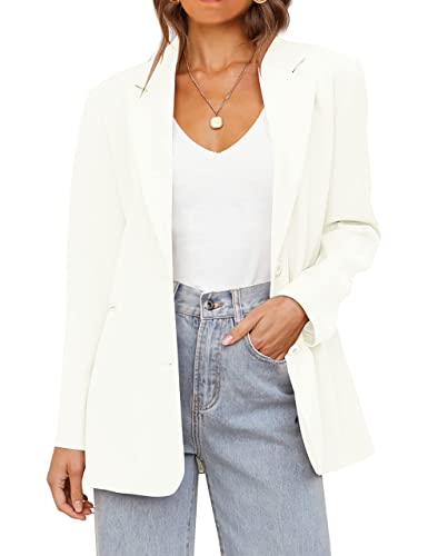 MEROKEETY Damen 2023 Herbst Casual Blazer Langarm Revers Offene Front Knopf Arbeit Blazer Jacken mit Taschen, Elfenbein, XL von MEROKEETY