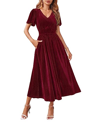 MEROKEETY Damen 2023 Kurzarm V-Ausschnitt Samt Maxi Kleid Lange Flowy Hochzeit Gast Party Kleider, Weinrot, Groß von MEROKEETY