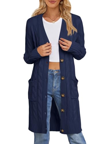 MEROKEETY Damen 2023 Langarm Zopfmuster Lange Strickjacke Open Front Knopf Pullover Oberbekleidung, Marineblau, Klein von MEROKEETY