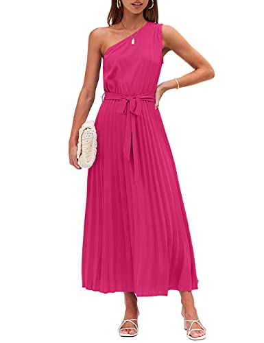 MEROKEETY Damen-Maxikleid 2024, eine Schulter, ärmellos, plissiert, Taillenband, A-Linie, fließendes Partykleid, Knallpink (Hot Pink), Klein von MEROKEETY