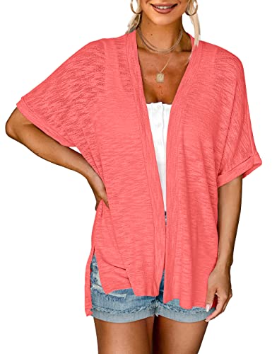 MEROKEETY Damen 2023 Sommer Leichte Cardigan Kurzarm Open Front Casual Loose Cover Ups, Koralle, XX-Large von MEROKEETY