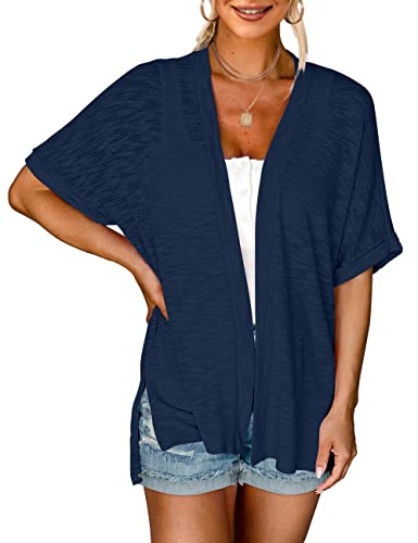 MEROKEETY Damen 2023 Sommer Leichte Cardigan Kurzarm Open Front Casual Loose Cover Ups, Marineblau, XX-Large von MEROKEETY