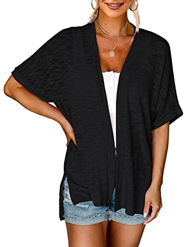 MEROKEETY Damen 2023 Sommer Leichte Cardigan Kurzarm Open Front Casual Loose Cover Ups, Schwarz, X-Large von MEROKEETY