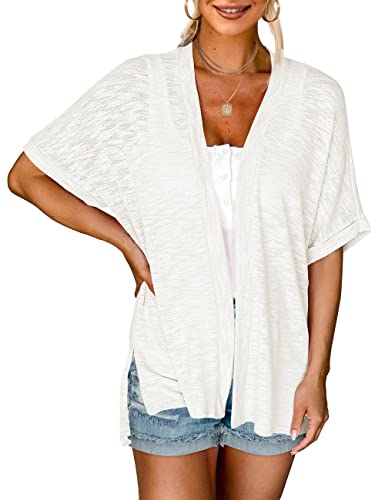 MEROKEETY Damen 2023 Sommer Leichte Cardigan Kurzarm Open Front Casual Loose Cover Ups, Weiss/opulenter Garten, XX-Large von MEROKEETY