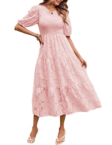 MEROKEETY Damen 2023 Sommer Puffärmel gesmoktes Blumenkleid Rundhalsausschnitt Spitze Flowy Tiered Midi Kleider, Pink, Mittel von MEROKEETY
