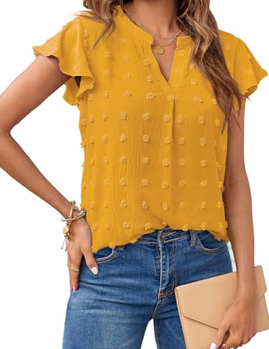 MEROKEETY Damen 2023 Sommer V-Ausschnitt Rüschen Kurzarm Bluse Swiss Dot Flowy Shirt Tunika Top, Fuchsrot, Small von MEROKEETY
