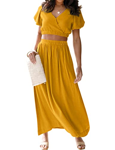 MEROKEETY Damen 2023 Sommer Zweiteilige Outfits V Ausschnitt Puffärmel Crop Top und Flowy Maxi Rock Set, Fuchsrot, S von MEROKEETY