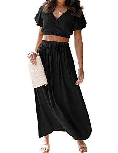 MEROKEETY Damen 2023 Sommer Zweiteilige Outfits V Ausschnitt Puffärmel Crop Top und Flowy Maxi Rock Set, Schwarz, X-Large von MEROKEETY