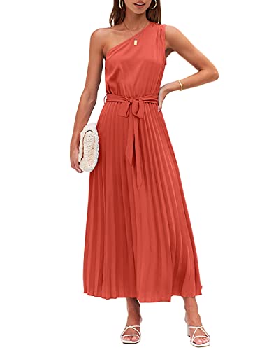 MEROKEETY Damen 2023 eine Schulter ärmellos Plissee Krawatte Taille A Linie Flowy Party Maxi Kleid, Orange/Abendrot im Zickzackmuster (Sunset Chevron), Groß von MEROKEETY