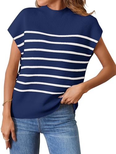 MEROKEETY Damen 2024 Ärmelloser Stehkragen gestreifter Pullover Weste Flügelärmel Rippstrick Pullover Tank Tops, Marineblau, Klein von MEROKEETY