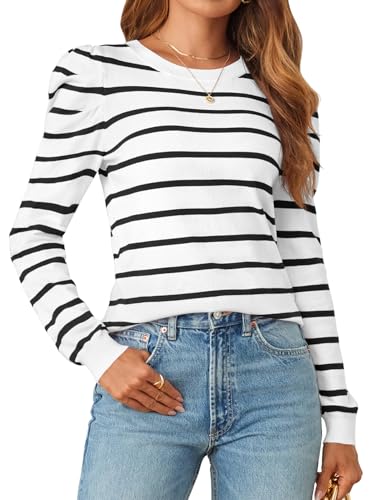 MEROKEETY Damen 2024 Gestreifte Lange Puffärmel Tops Casual Rundhals Strickpullover Pullover Shirts, Weiss/opulenter Garten, Mittel von MEROKEETY