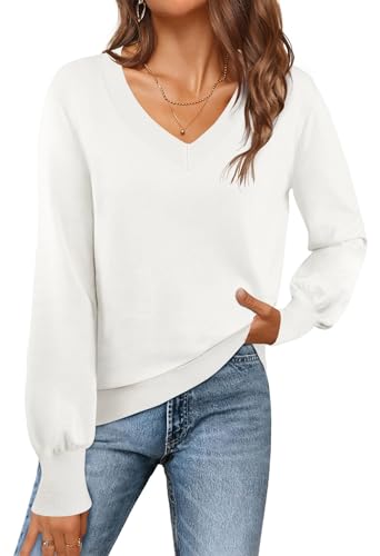 MEROKEETY Damen-Pullover 2025, Herbst, langärmelig, V-Ausschnitt, lässig, leicht, Strickpullover, Weiss/opulenter Garten, Mittel von MEROKEETY