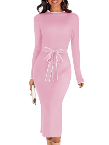 MEROKEETY Damen 2025 Langarm-Midi-Pulloverkleid, Herbst, Stehkragen, Farbblock, Taillenbindung, figurbetontes Strickkleid, hellrosa, Mittel von MEROKEETY