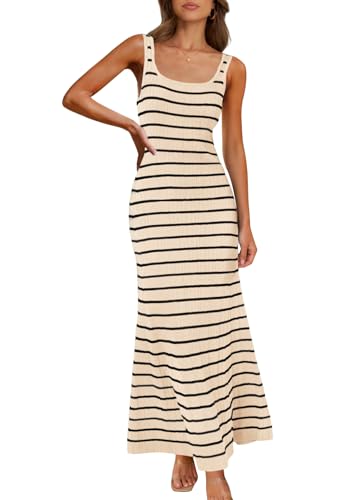 MEROKEETY Damen 2025 Ärmelloses Sommerkleid, Tankkleid, gestreift, figurbetont, Maxikleid, quadratischer Ausschnitt, geripptes Strick-Sommerkleid, aprikose, X-Groß von MEROKEETY