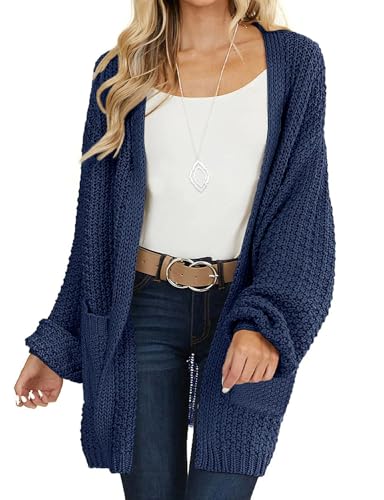 MEROKEETY Damen 2025 Herbst Open Front Grobstrickpullover Oversized Laternenärmel Cardigan Outwear, Marineblau, Klein von MEROKEETY