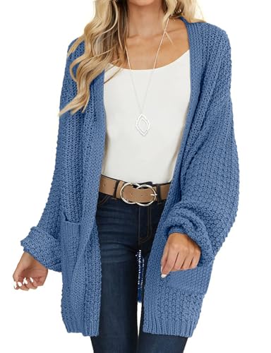 MEROKEETY Damen 2025 Herbst Open Front Grobstrickpullover Oversized Laternenärmel Cardigan Outwear, dusty blue, Klein von MEROKEETY