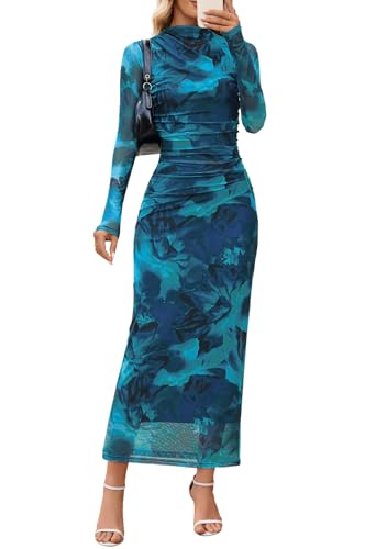 MEROKEETY Damen 2025 Langärmeliges Batikkleid, figurbetont, Stehkragen, Netzstoff, gerüscht, Cocktail-Maxikleid, Blaugrün/Ein Hauch von Paradies (Trace of Paradise), X-Groß von MEROKEETY