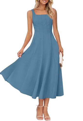 MEROKEETY Damen 2025 Sommer Ärmelloses Midikleid Quadratischer Ausschnitt Gesmoktes Flowy A-Linie Strandkleider, dusty blue, Klein von MEROKEETY