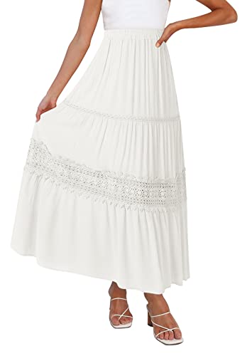 MEROKEETY Damen Boho Elastische Hohe Taille Plissee A-Linie Rüschen Spitzenbesatz Gestufter Midi-Maxirock mit Taschen, Weiß, Klein von MEROKEETY