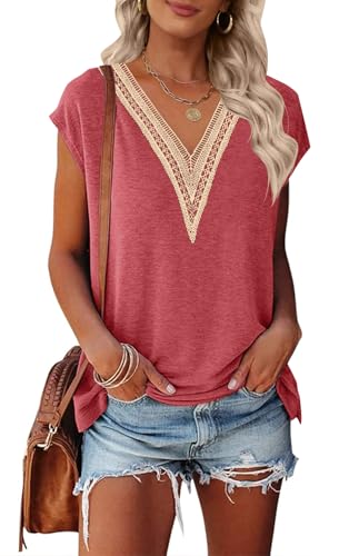 MEROKEETY Damen Casual Cap Sleeve Spitze Trim V-Ausschnitt Tops 2023 Sommer Lose T-Shirts Bluse, Wassermelone, Groß von MEROKEETY