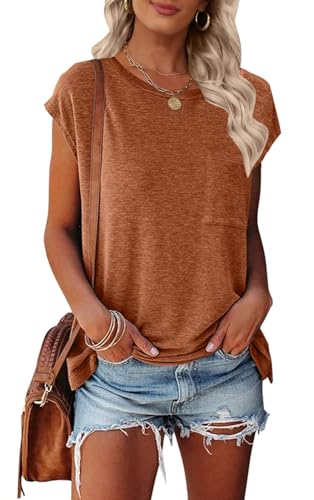 MEROKEETY Damen Casual Cap Sleeve T Shirts Basic Sommer Tops Lose Einfarbig Bluse mit Tasche, Braun, Klein von MEROKEETY